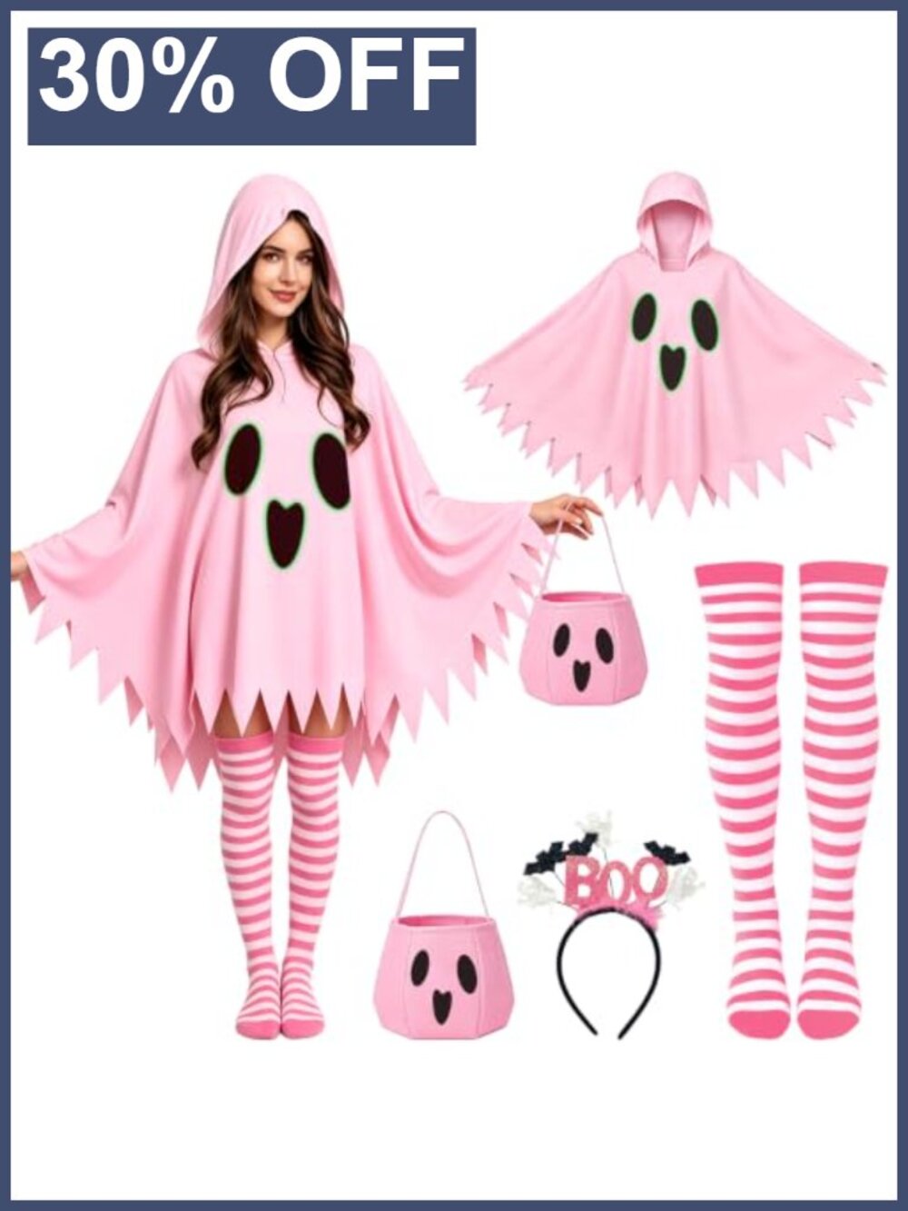 4 Piece Ghost Costume Set Adult Women Halloween Glow in Dark Hooded Poncho